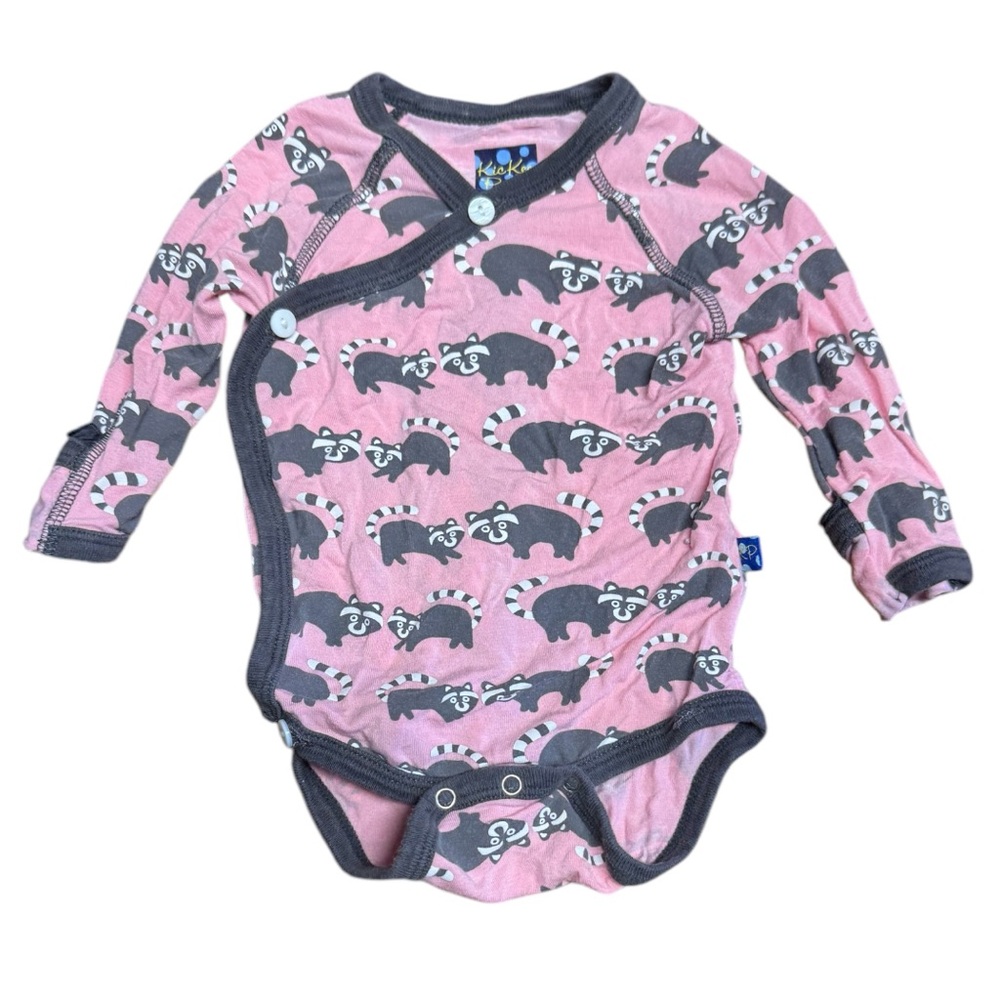 EUC Kickee Pants Pink Raccoon Bodysuit Long Sleeve Baby Size 3-6M Bamboo